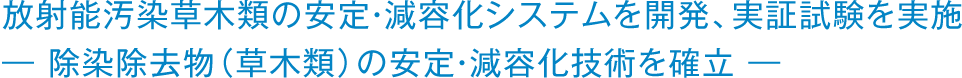 放射能汚染草木類の安定・減容化システムを開発、実証試験を実施― 除染除去物（草木類）の安定・減容化技術を確立 ―